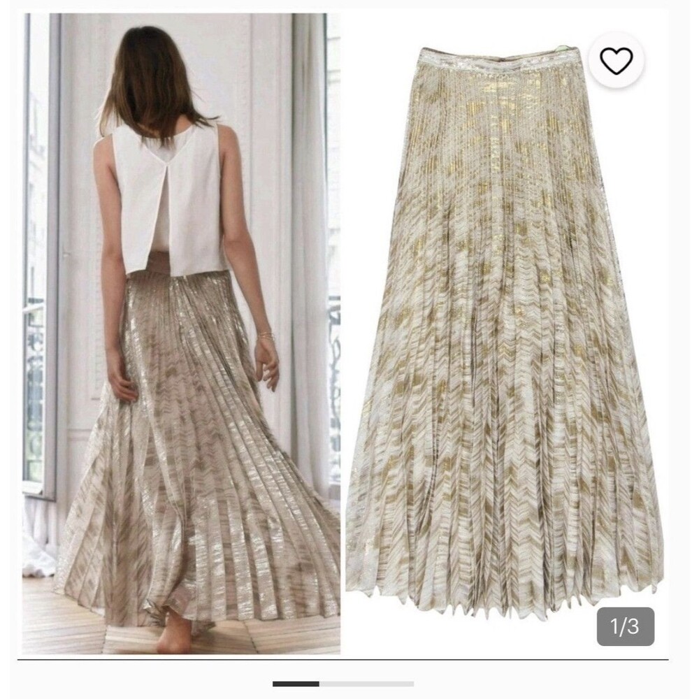 Moulinette Soeurs for Anthro Pleated Long Metallic Chevron Skirt Silver Gray 8